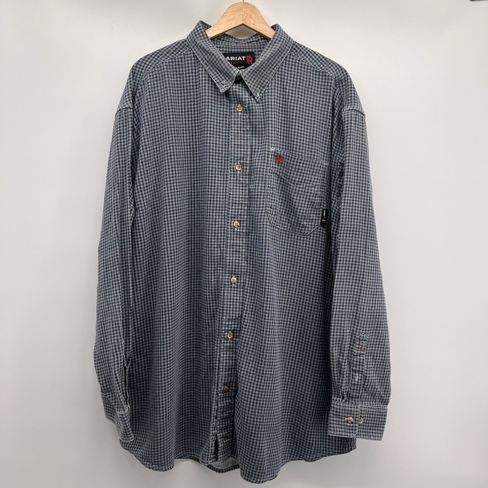 Ariat Mens FR Plaid Work Shirt Size XXL Flame Resistant Blue White Button Down